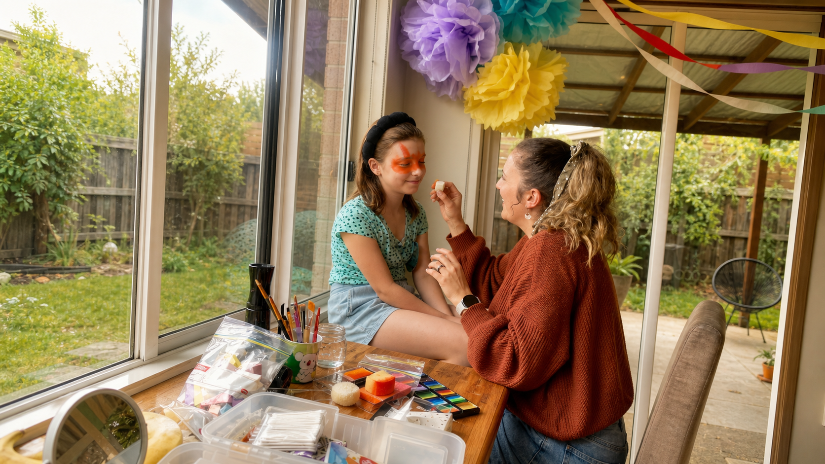 Caity face painting a child at home